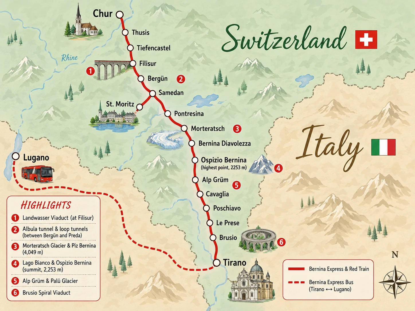 Illustrated map of the UNESCO Bernina railway from Chur via Samedan to Tirano, with the St. Moritz branch, the Bernina Express bus to Lugano, and six numbered route highlights